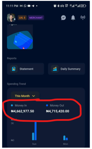 Bank app showing ₦4,662,977.50 money in for the month