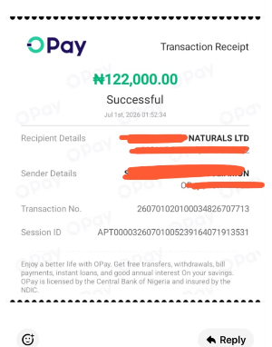 OPay receipt for ₦122,000