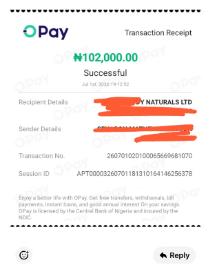 OPay receipt for ₦102,000