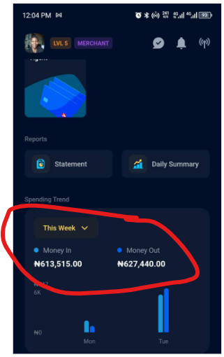 Bank app showing ₦613,515 money in for the week