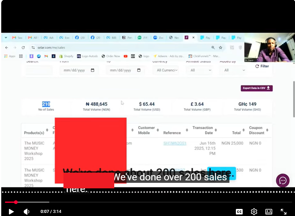 Selar dashboard showing 210 sales and ₦488,645 in volume