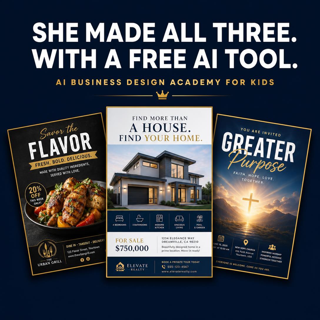 Marketing designs created with a free AI tool: a restaurant flyer, a real estate listing and a church invitation